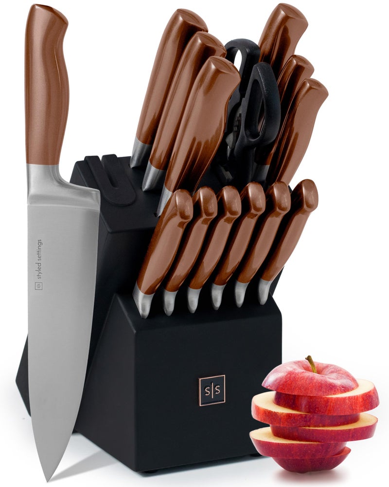 Styled Settings 14-Piece Knife Set with Block & Built-In Sharpener â€“ Ultra-Sharp Full Tang Kitchen Knives â€“ Premium Cooking & Prep Essentials, Copper Handle, Silver Blade & Black Block - Image 1